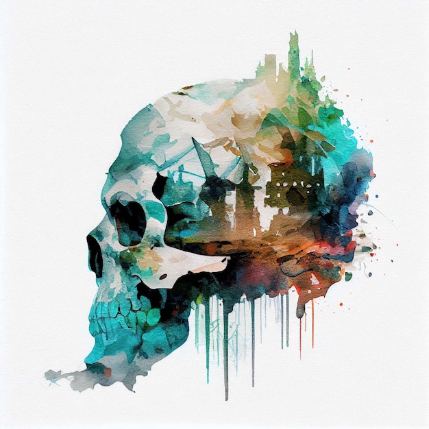 Hacker skull Double exposure watercolor skeleton head Halloween concept Generative AI