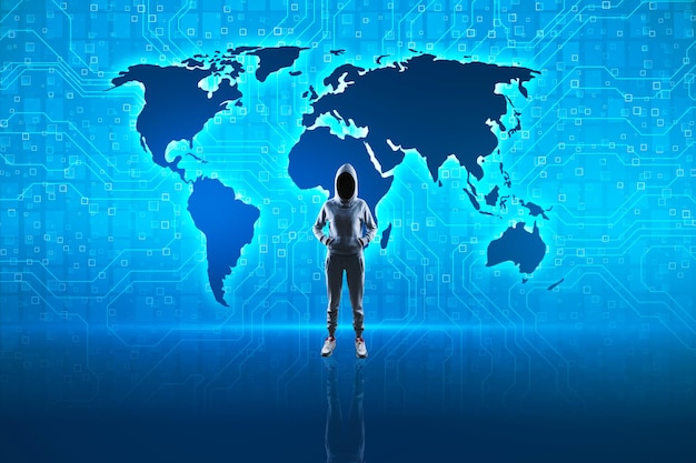 Hacker standing on blue circuit hologram with glowing digital map Globalization and hitech concept