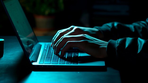 hacker using laptop to attack in the night office hacking