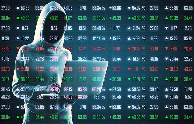 Hacker using laptop on creative forex chart index background Hacking technology and trade concept Double exposure