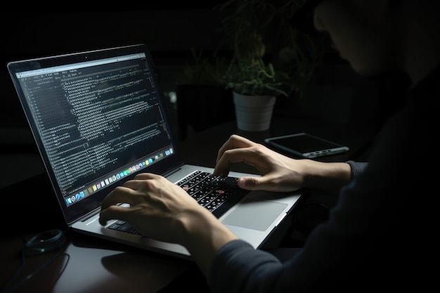 Hacker using laptop in a dark room at night Programmer working on computer A software engineer coding on a laptop AI Generated