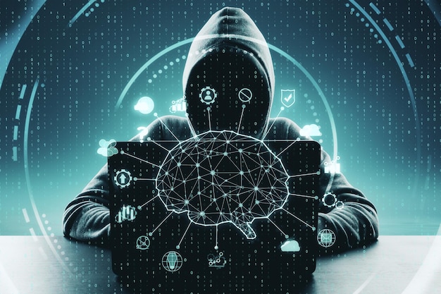 Hacker using laptop with abstract digital brain interface on blurry background AI and theft concept Double exposure