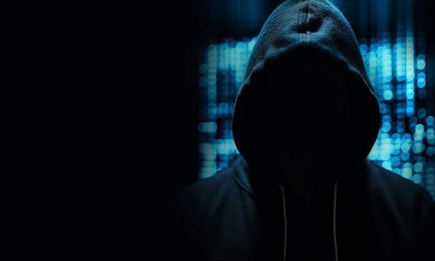 Hacker wearing black hoodie with blue neon lights on background broke the security in the systemThe dangers of digital thievesunknown person with copy space