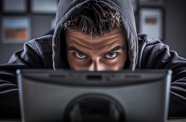 Photo hacker wearing a hoodie is using a laptop and stealing data