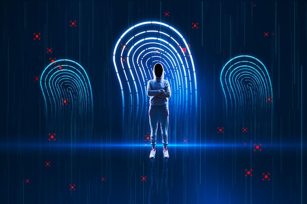 Hacker with folded arms and abstract glowing blue fingerprint hologram on dark background Forensics and ID concept