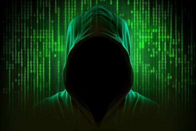 Hacker with the hoodie and digital green digital matrix background Cyber security concept