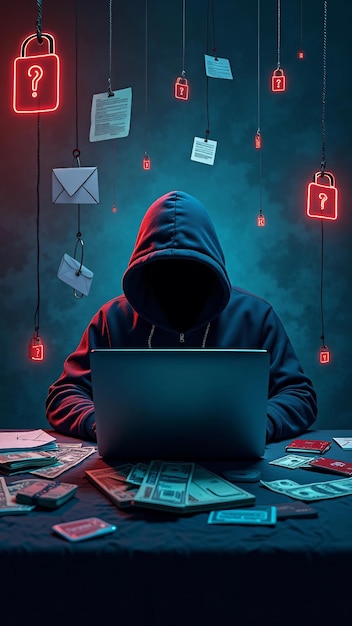 Photo hacker with phishing hooks and documents digital crime concept