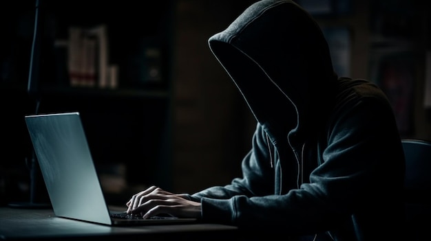 Hacker without face in hoodie behind laptop Generative AI