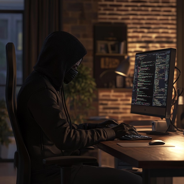 Photo hacker working on pc in room wearing a black hodie with mask