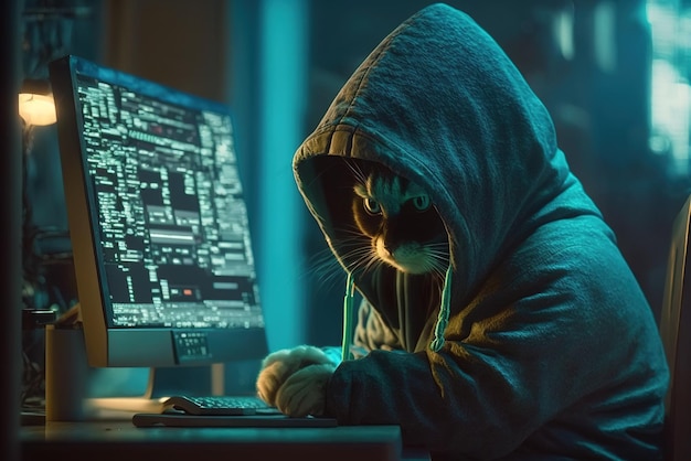 Hacker works in dark room hooded cat uses computer illustration generative AI