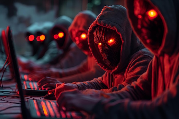 Photo hackers in hoodie with red eyes sitting in front of computer monitors