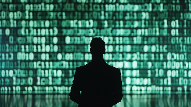 A hackers silhouette in front of a large screen filled with malicious code depicting the danger and reality of cyber attacks