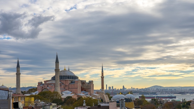 Hagia Sofia with view of Istanbul city skyline in Turkey