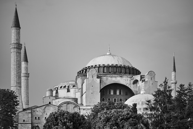 The Hagia Sophia mosque in Istanbul, Turkey. Black and white photography