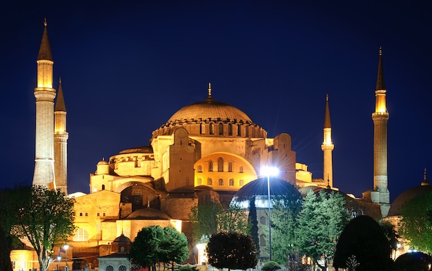 The Hagia Sophia at night in Istanbul, Turkey