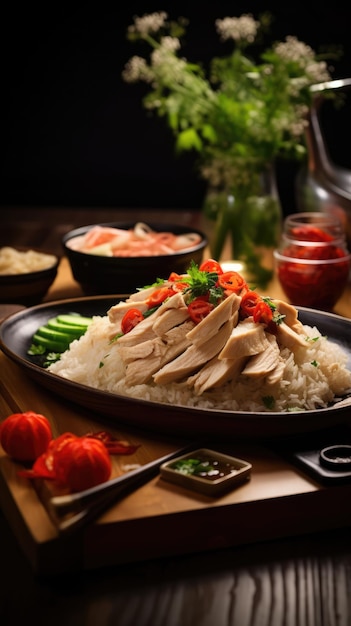 Hainanese chicken rice is a dish of poached chicken and seasoned rice