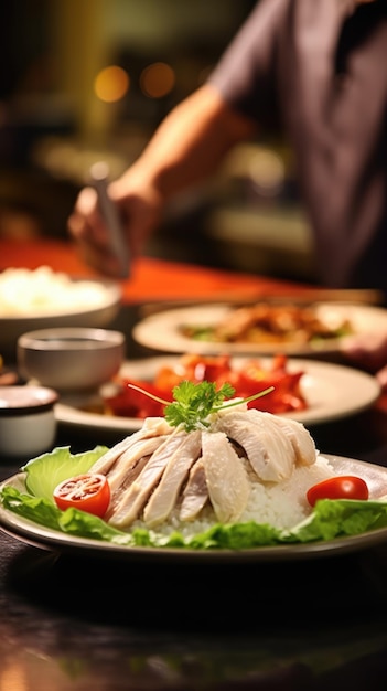 Hainanese chicken rice is a dish of poached chicken and seasoned rice