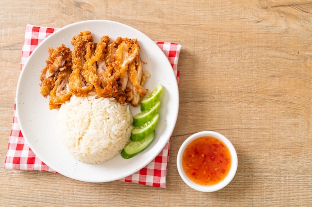 Hainanese chicken rice with fried chicken