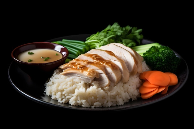 Hainanese chicken rice with sauce and vegetables on black background