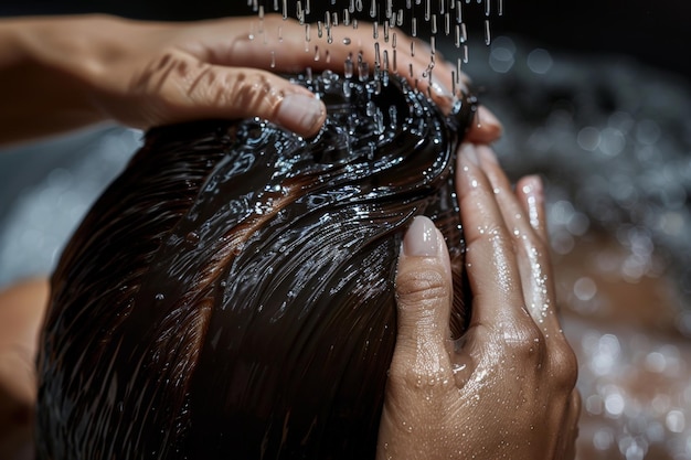 Photo hair care ritual fingers combing through locks as they distribute a rich moisturizing mask