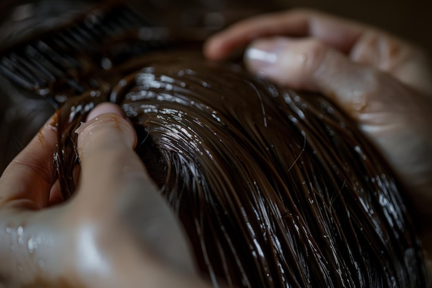 Photo hair care ritual fingers combing through locks as they distribute a rich moisturizing mask