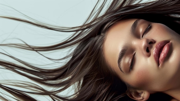 Hair closed eyes and relax woman with long hairstyle space and luxury salon treatment on white back