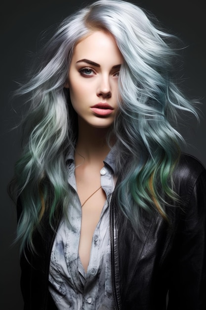 The hair color of this woman is blue and green.