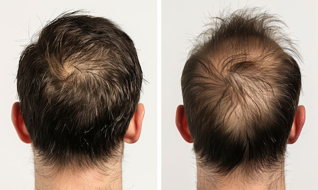 Photo hair growth transformation on adult mans head before and after top view with new dark brown short