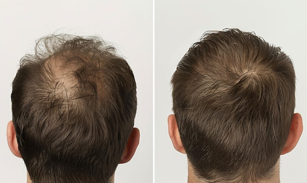 Photo hair growth transformation on adult mans head before and after top view with new dark brown short