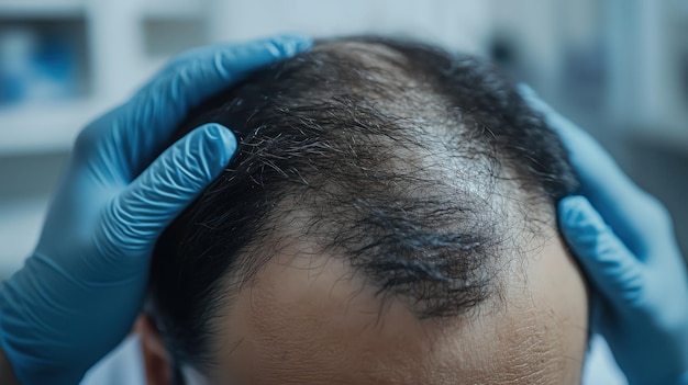 Photo hair loss consultation medical examination close up view emotional concern