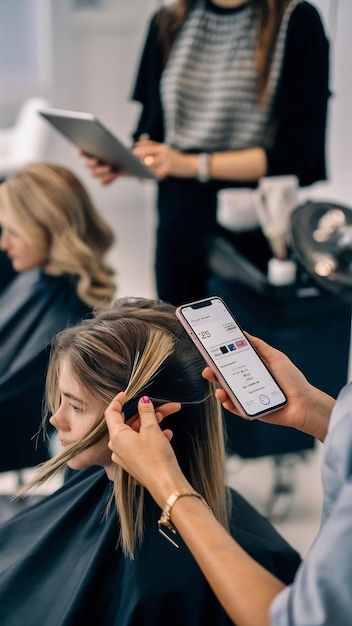 Photo hair salon hand and woman with phone at work for client booking and appointment information