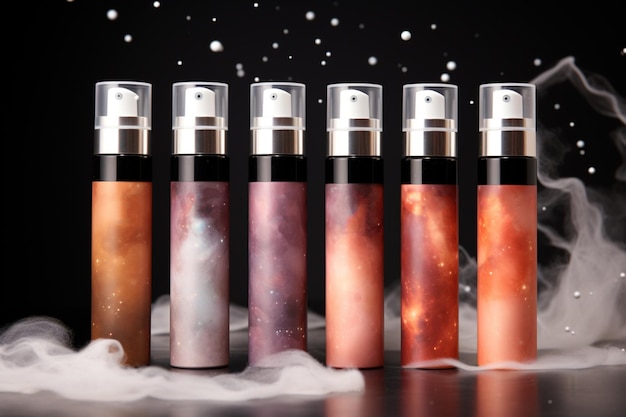 hair spray cans on dark background with clouds