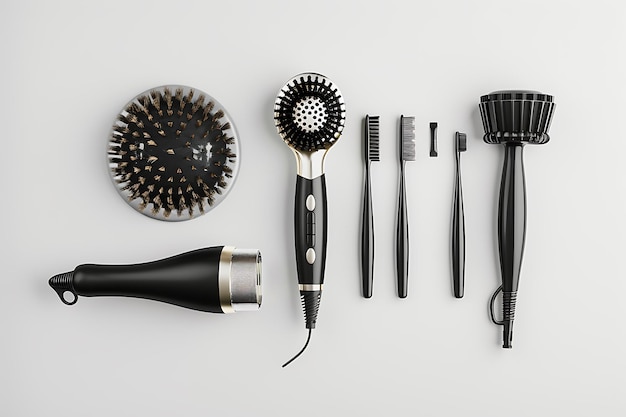 Hair styling tools flat lay with hairdryer brushes and combs