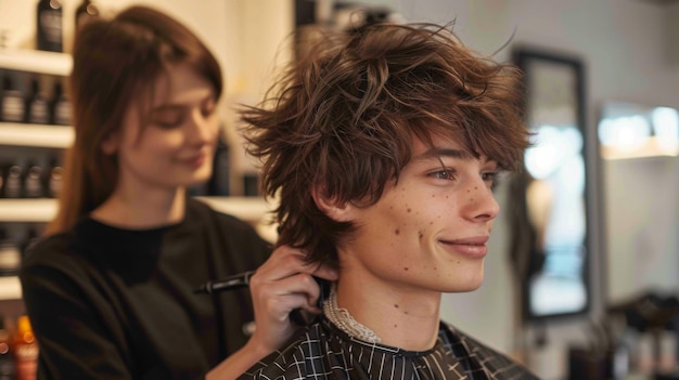 Photo hair stylist giving a client a modern shag haircut with texture and layers