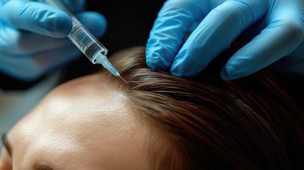 Photo hair treatment procedure with professional applying serum