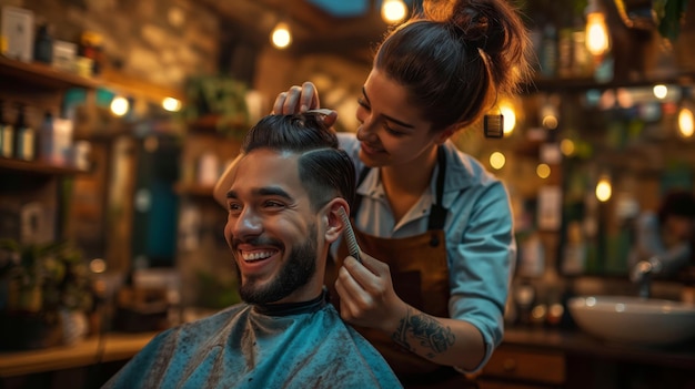 Hairdresser cutting mans hair salon