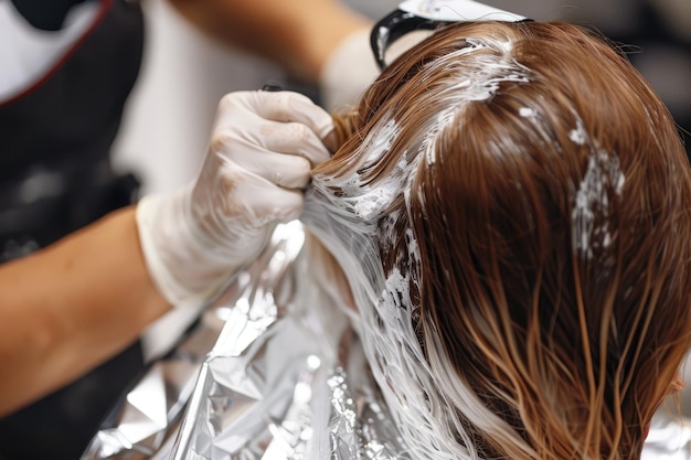 Photo hairdresser is bleaching woman s hair and wrapping it in foil