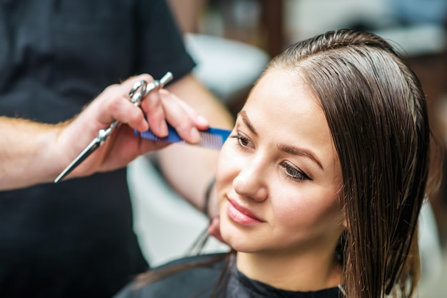 Hairdresser is making hairstyle for young woman.