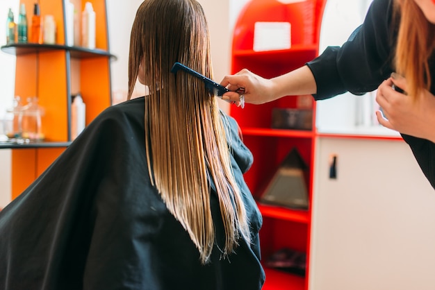 Hairdresser runs the comb, female client in hairdressing salon.