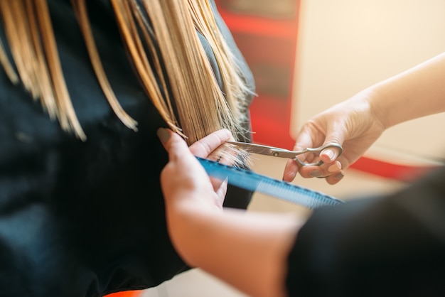 Hairdresser with scissors in hand cuts female hair