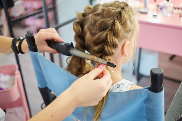 Hairdressing services Reating hairstyle Hair styling process Children hairdressing salon