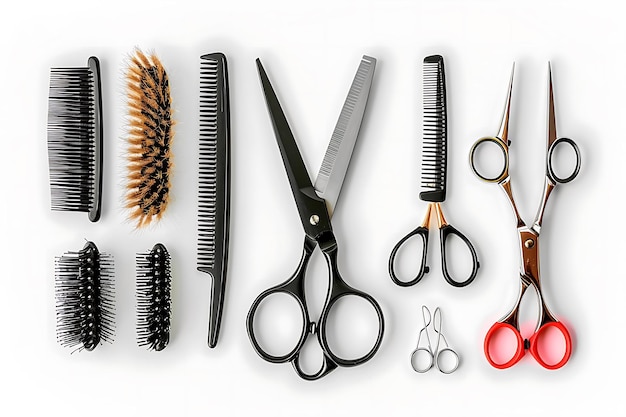 Hairdressing Tools Combs Scissors and a Brush on a White Background