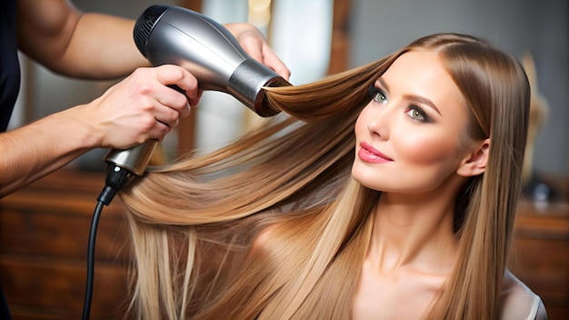 Hairdressing Woman Drying Beautiful Healthy Long Straight Hair