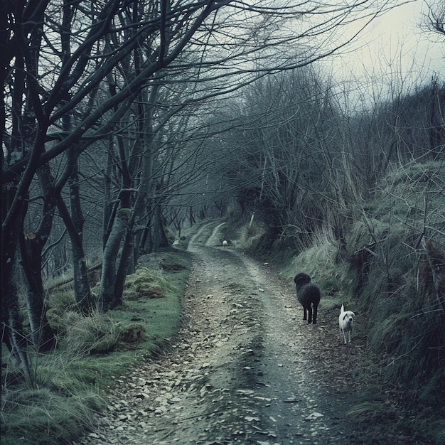 Hairless sheep on a hilly path a dogs approach in the background