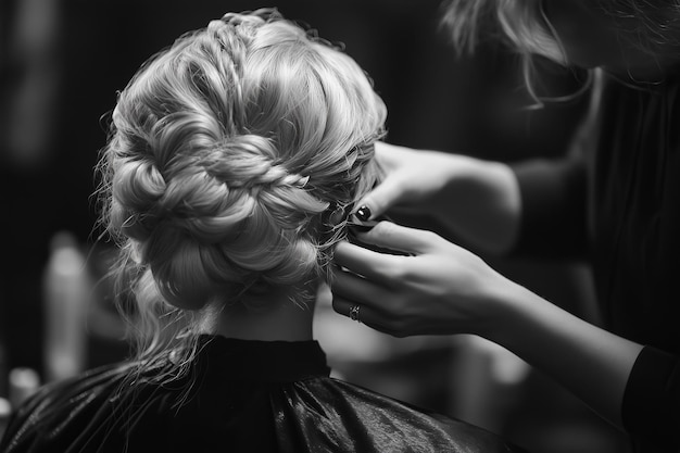 Photo a hairstylist crafting an elegant updo for a client in a salon setting during the afternoon