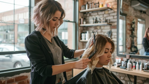 hairstylist with blonde client