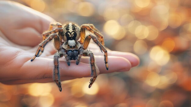 Photo hairy spider with distinctive eye pattern resting on a human hand against a soft bokeh backdrop