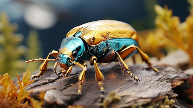 Hairy weevil metallic blue antenna and yellow leg in focus