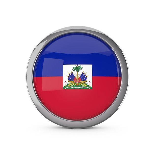 Haiti national flag in a glossy circle shape with chrome frame 3D Rendering