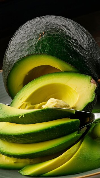 half of avocado with a knife and a knife